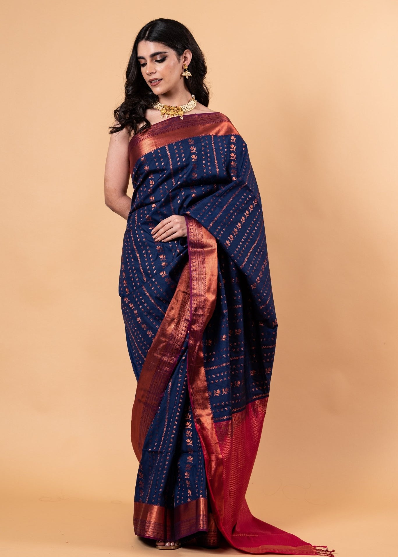 Dark Blue Silk Saree with Copper Zari Woven - Anvi Couture