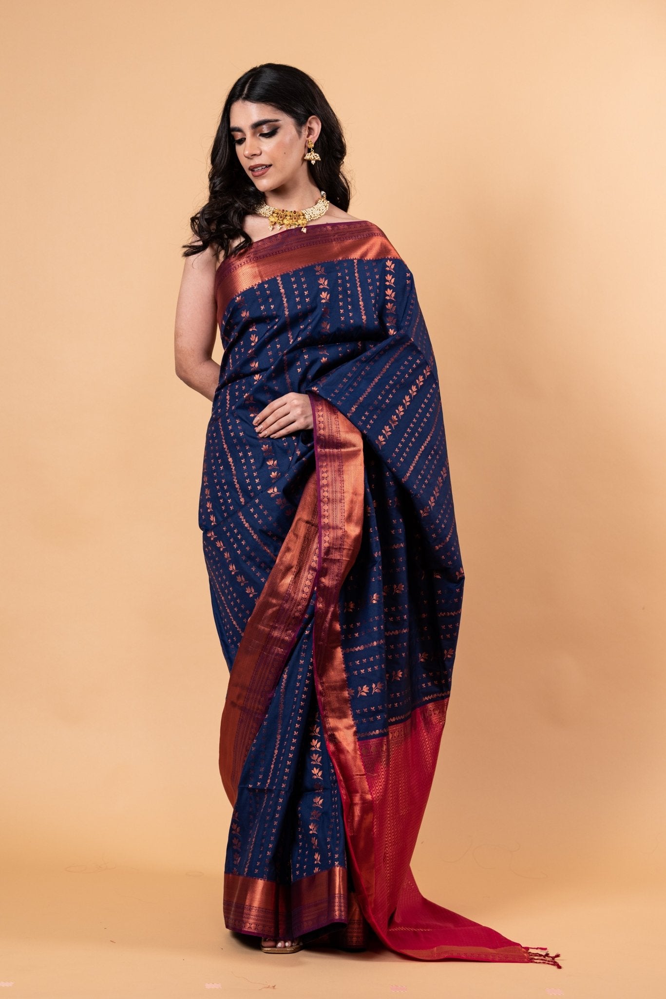 Dark Blue Silk Saree with Copper Zari Woven - Image 2