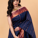 Dark Blue Silk Saree with Copper Zari Woven - Image 3