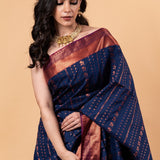 Dark Blue Silk Saree with Copper Zari Woven - Anvi Couture