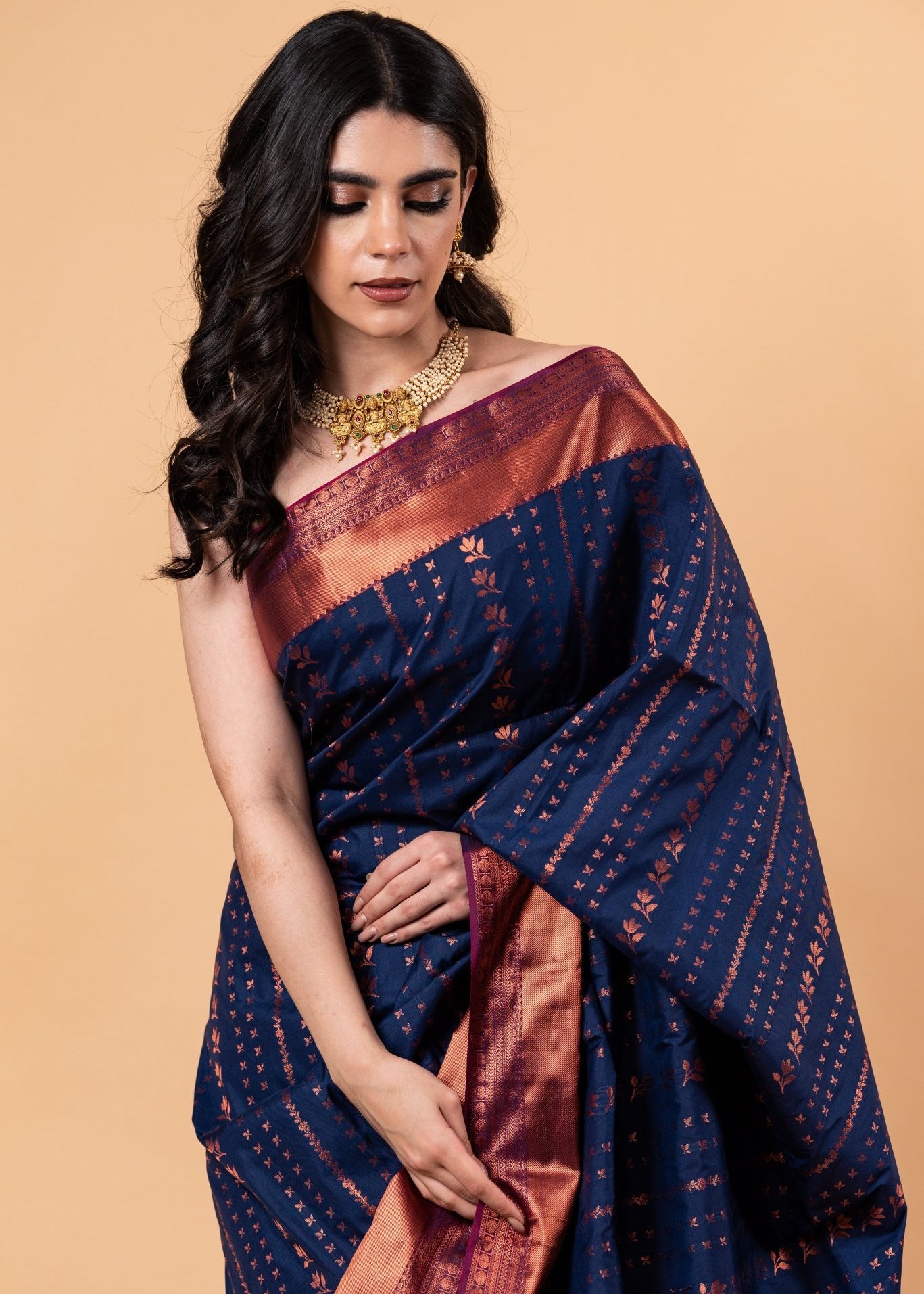Dark Blue Silk Saree with Copper Zari Woven - Image 3