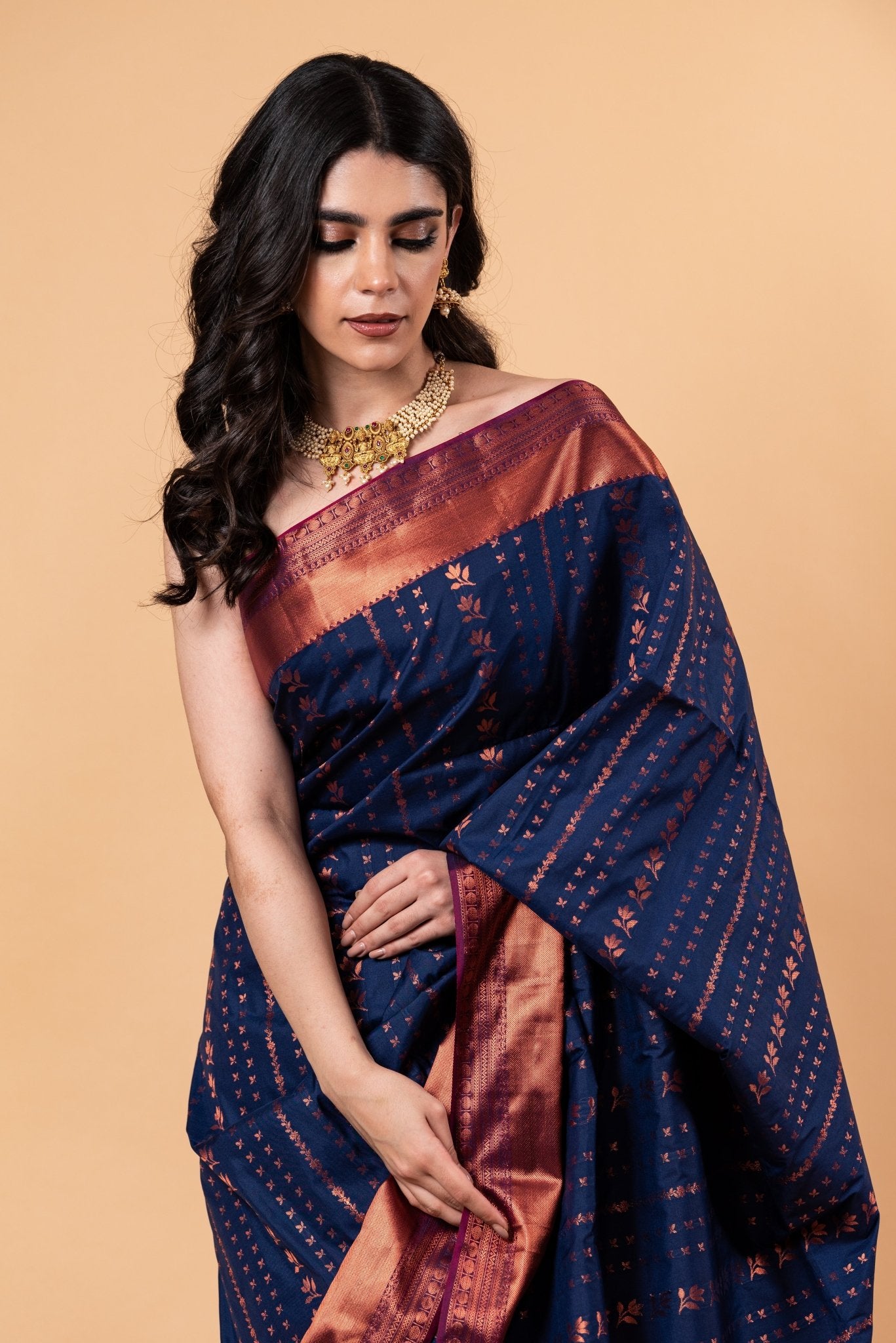 Dark Blue Silk Saree with Copper Zari Woven - Anvi Couture