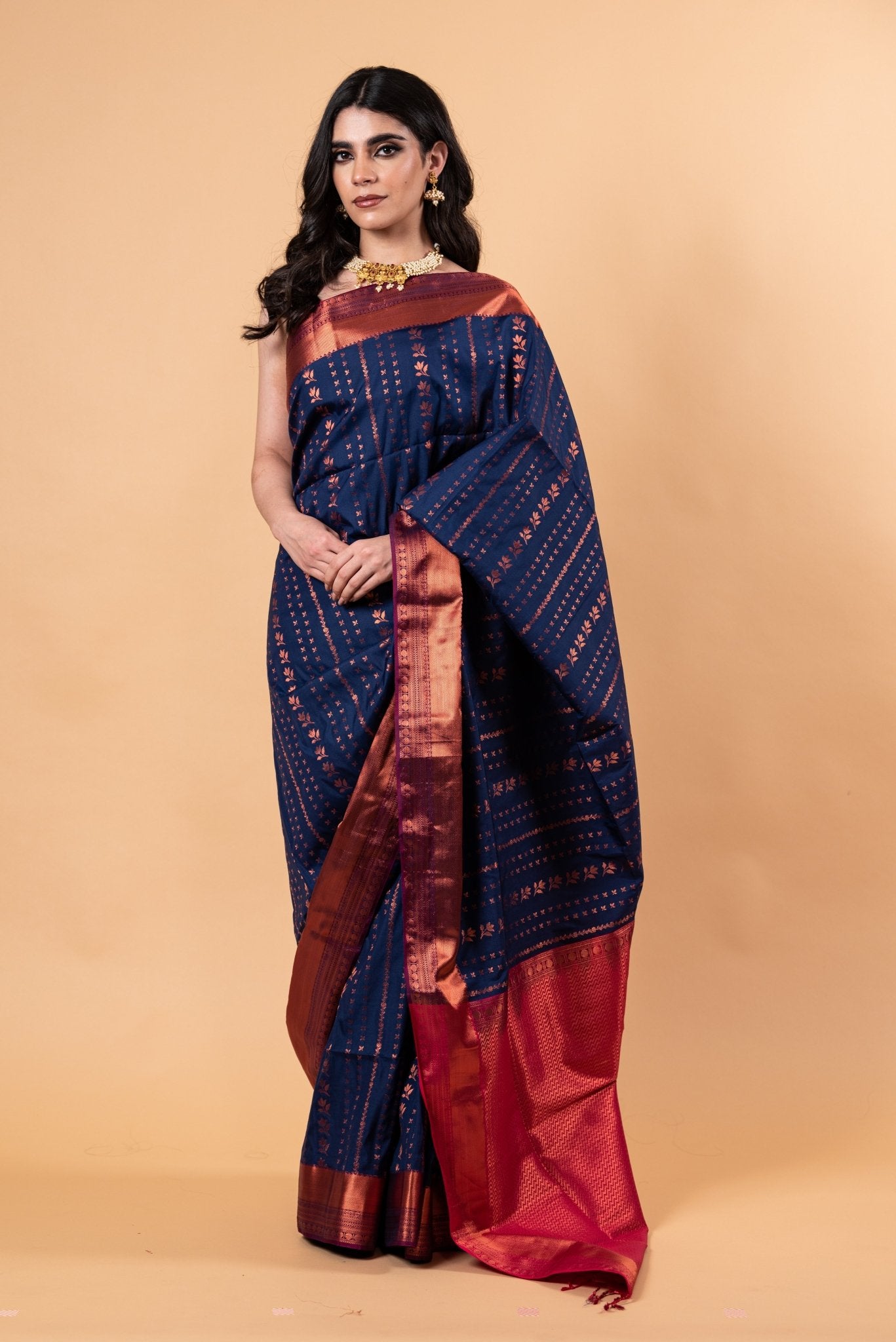 Dark Blue Silk Saree with Copper Zari Woven - Anvi Couture