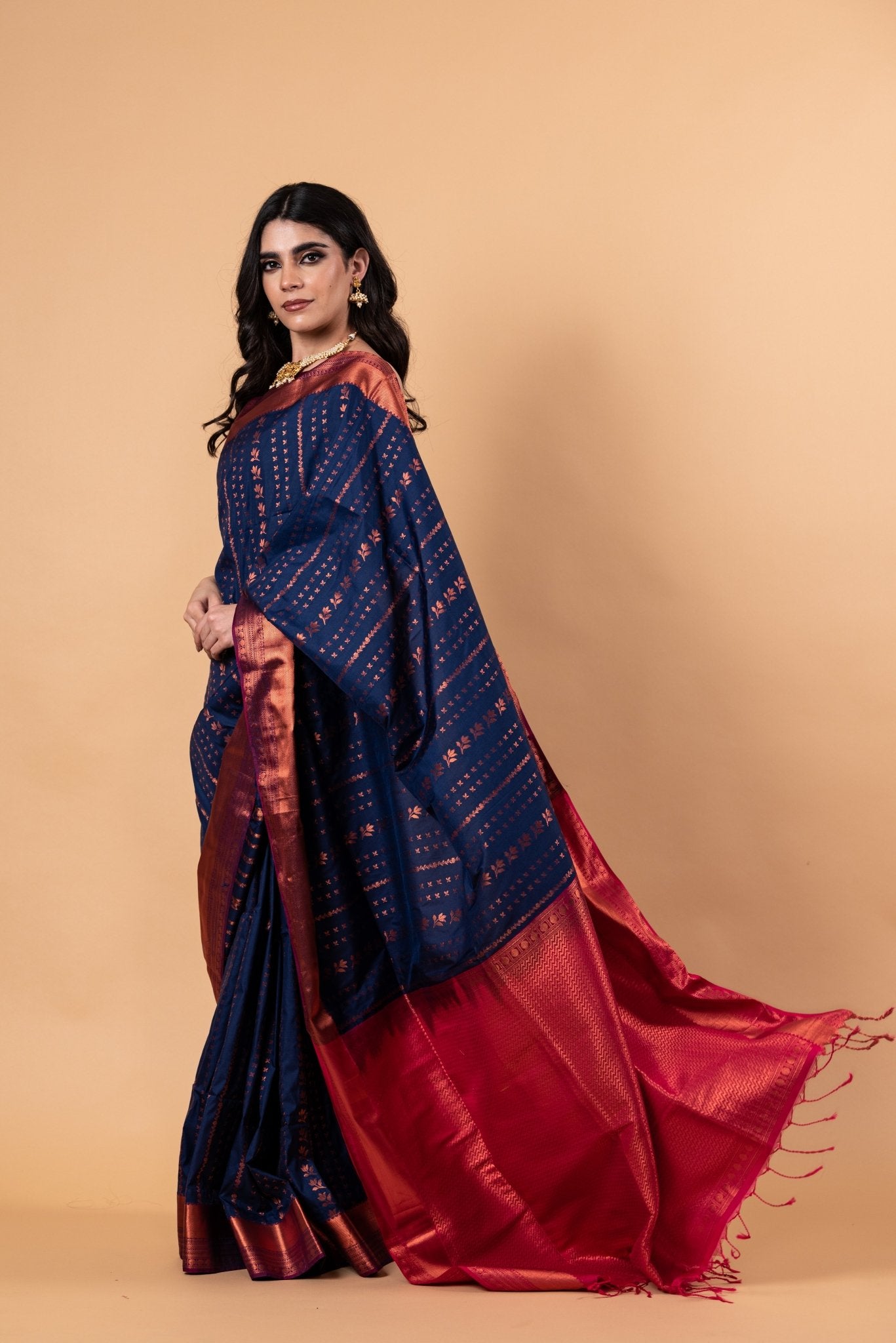 Dark Blue Silk Saree with Copper Zari Woven - Anvi Couture