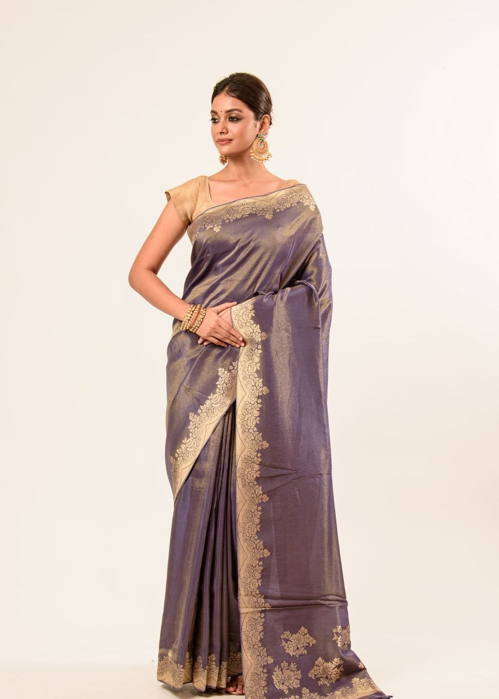 Gray Shimmer Tissue Saree with Matt Gold Floral Handwork Pallu and Border - Anvi Couture