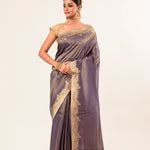 Gray Shimmer Tissue Saree with Matt Gold Floral Handwork Pallu and Border - Image 1