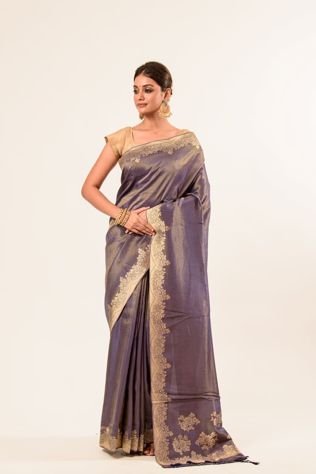 Gray Shimmer Tissue Saree with Matt Gold Floral Handwork Pallu and Border - Image 1