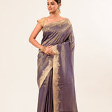 Gray Shimmer Tissue Saree with Matt Gold Floral Handwork Pallu and Border - Anvi Couture