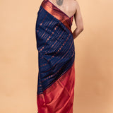 Dark Blue Silk Saree with Copper Zari Woven - Image 5