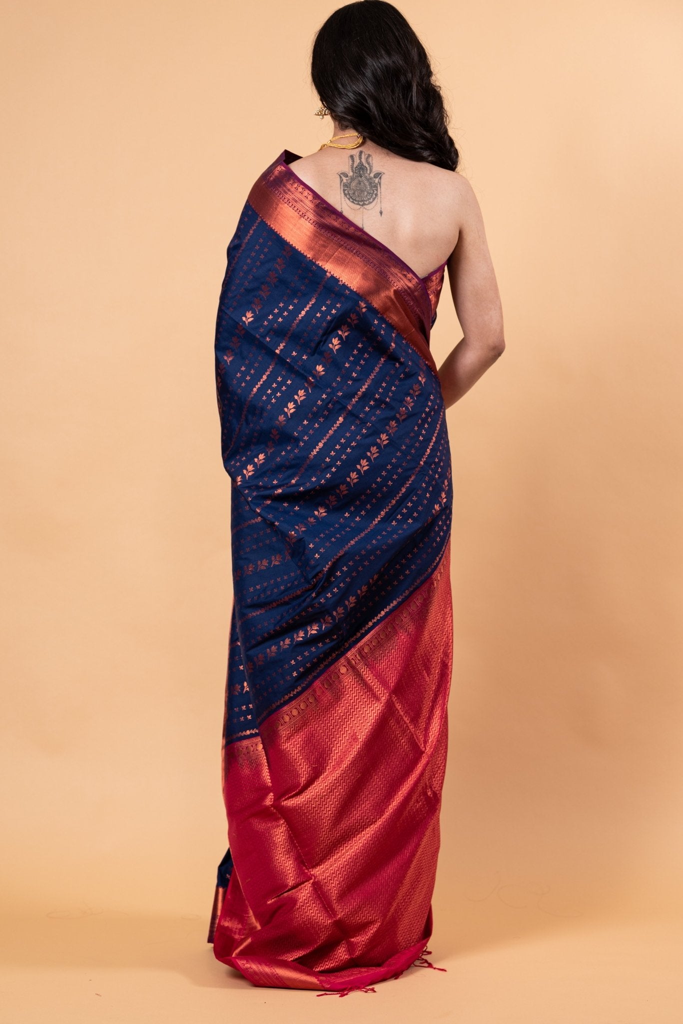 Dark Blue Silk Saree with Copper Zari Woven - Anvi Couture