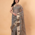 Grey saree in Zari Kota silk with Hand woven floral Jaal work - Anvi Couture