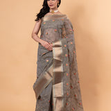 Grey saree in Zari Kota silk with Hand woven floral Jaal work - Anvi Couture