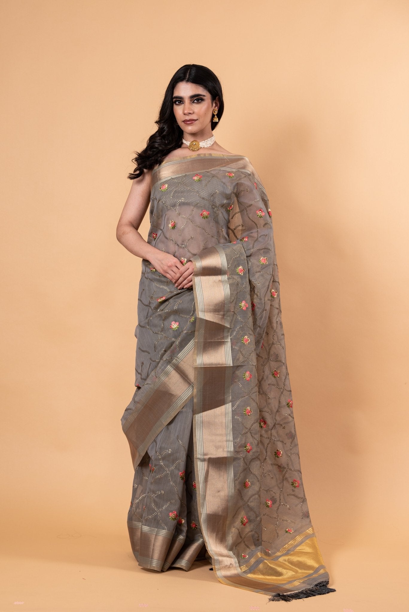 Grey saree in Zari Kota silk with Hand woven floral Jaal work - Anvi Couture