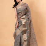 Grey saree in Zari Kota silk with Hand woven floral Jaal work - Anvi Couture