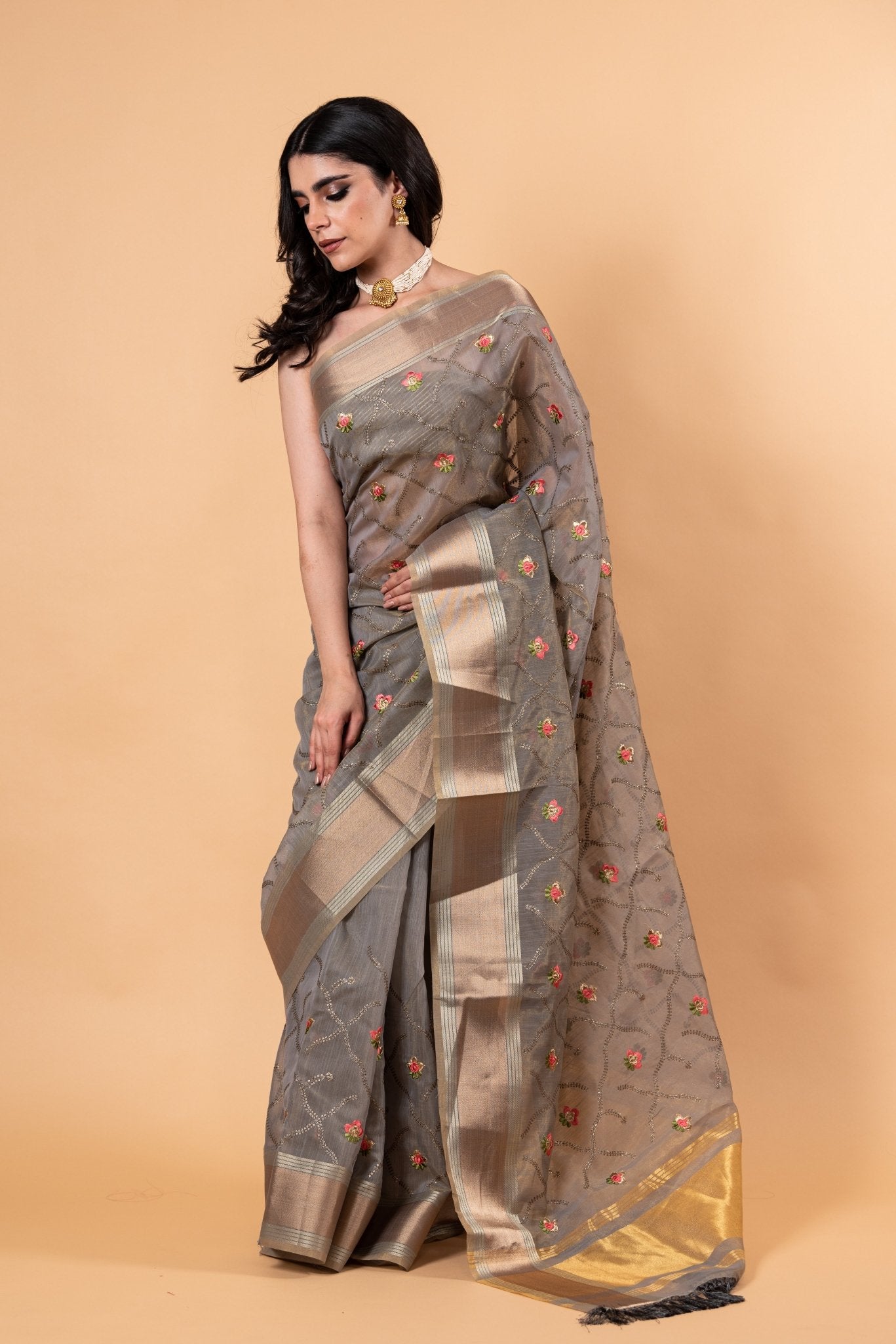 Grey saree in Zari Kota silk with Hand woven floral Jaal work - Anvi Couture