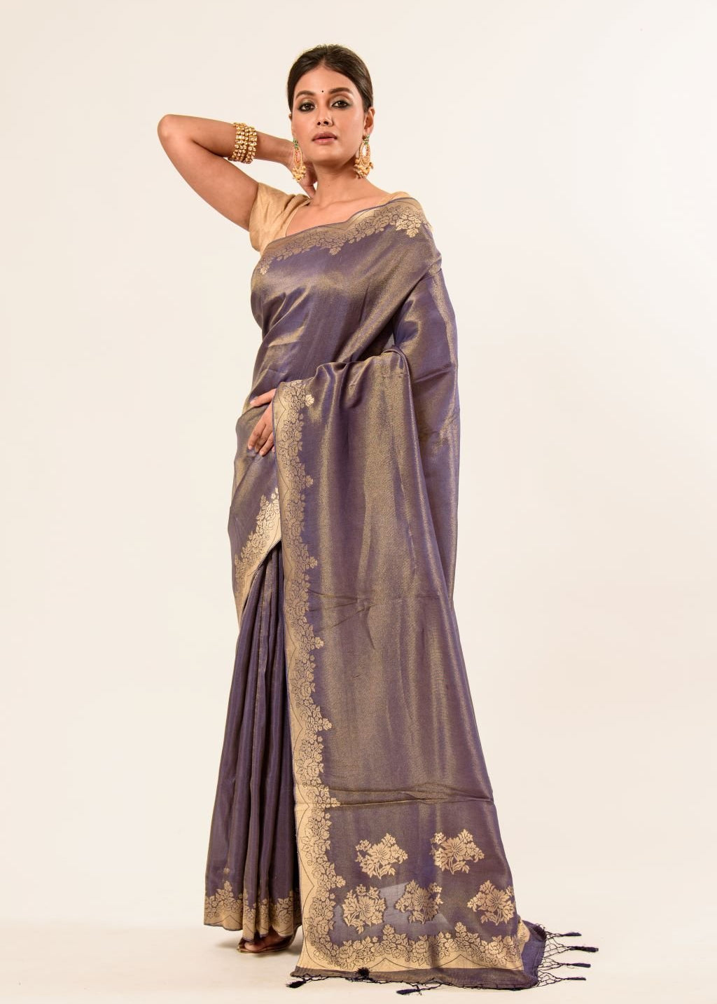 Gray Shimmer Tissue Saree with Matt Gold Floral Handwork Pallu and Border - Anvi Couture