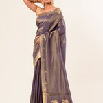 Gray Shimmer Tissue Saree with Matt Gold Floral Handwork Pallu and Border - Image 2