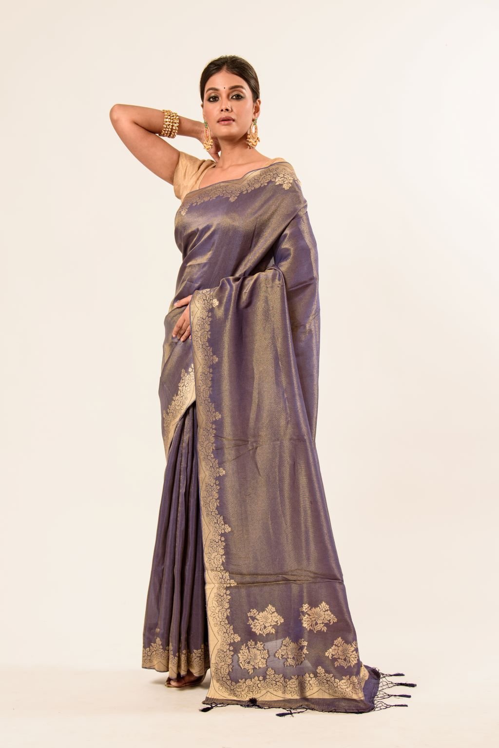 Gray Shimmer Tissue Saree with Matt Gold Floral Handwork Pallu and Border - Anvi Couture