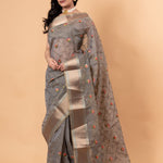 Grey saree in Zari Kota silk with Hand woven floral Jaal work - Anvi Couture