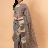 Grey saree in Zari Kota silk with Hand woven floral Jaal work - Anvi Couture