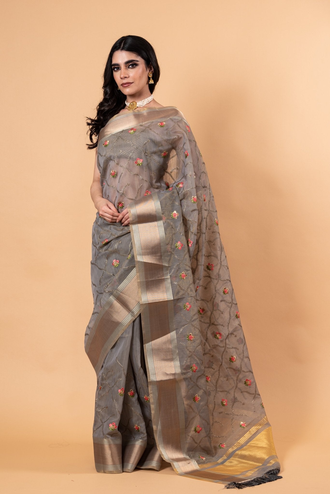 Grey saree in Zari Kota silk with Hand woven floral Jaal work - Anvi Couture