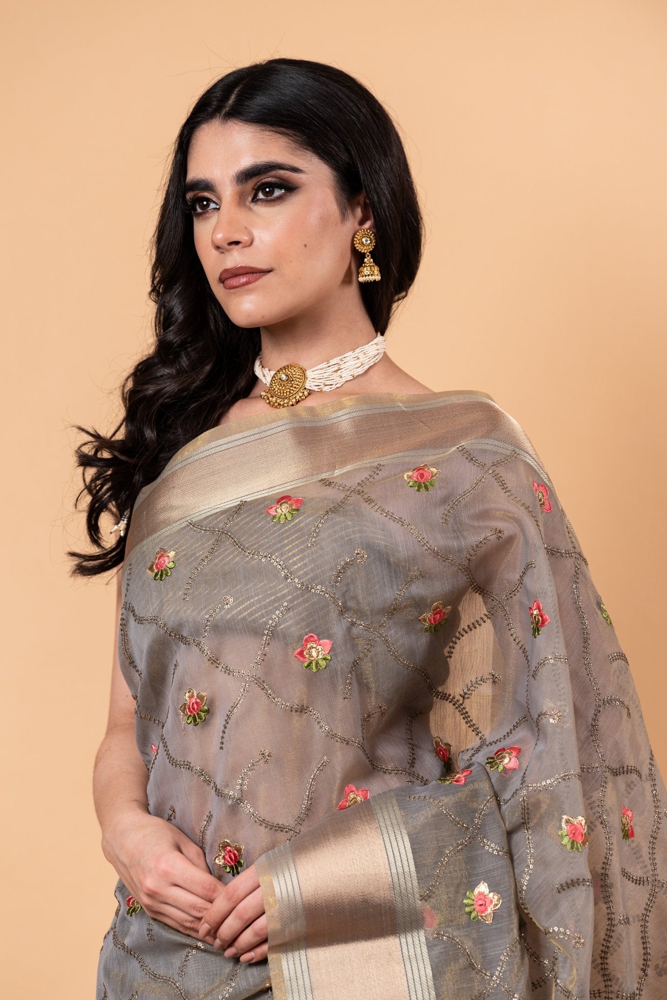 Grey saree in Zari Kota silk with Hand woven floral Jaal work - Anvi Couture