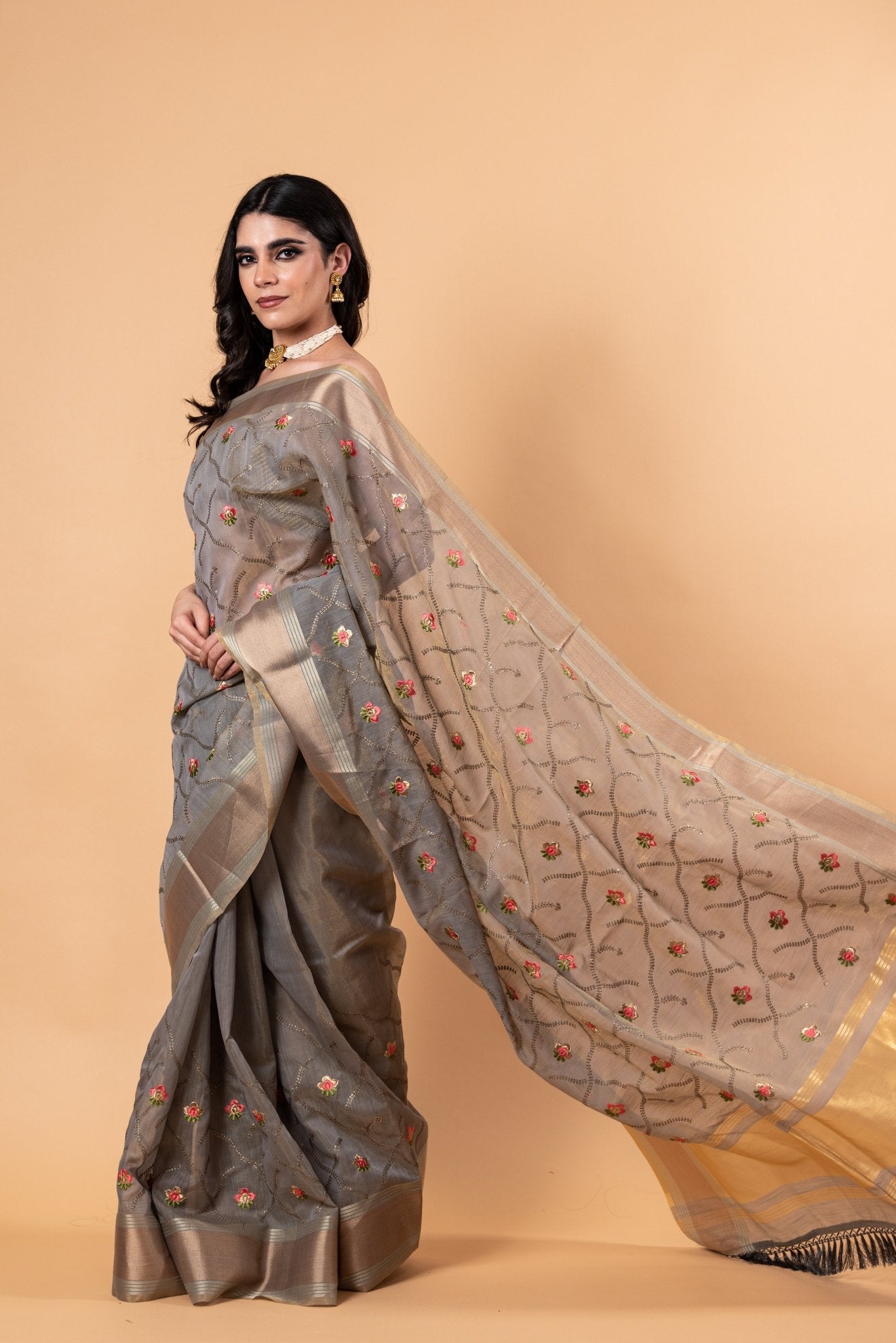 Grey saree in Zari Kota silk with Hand woven floral Jaal work - Anvi Couture