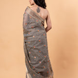 Grey saree in Zari Kota silk with Hand woven floral Jaal work - Anvi Couture