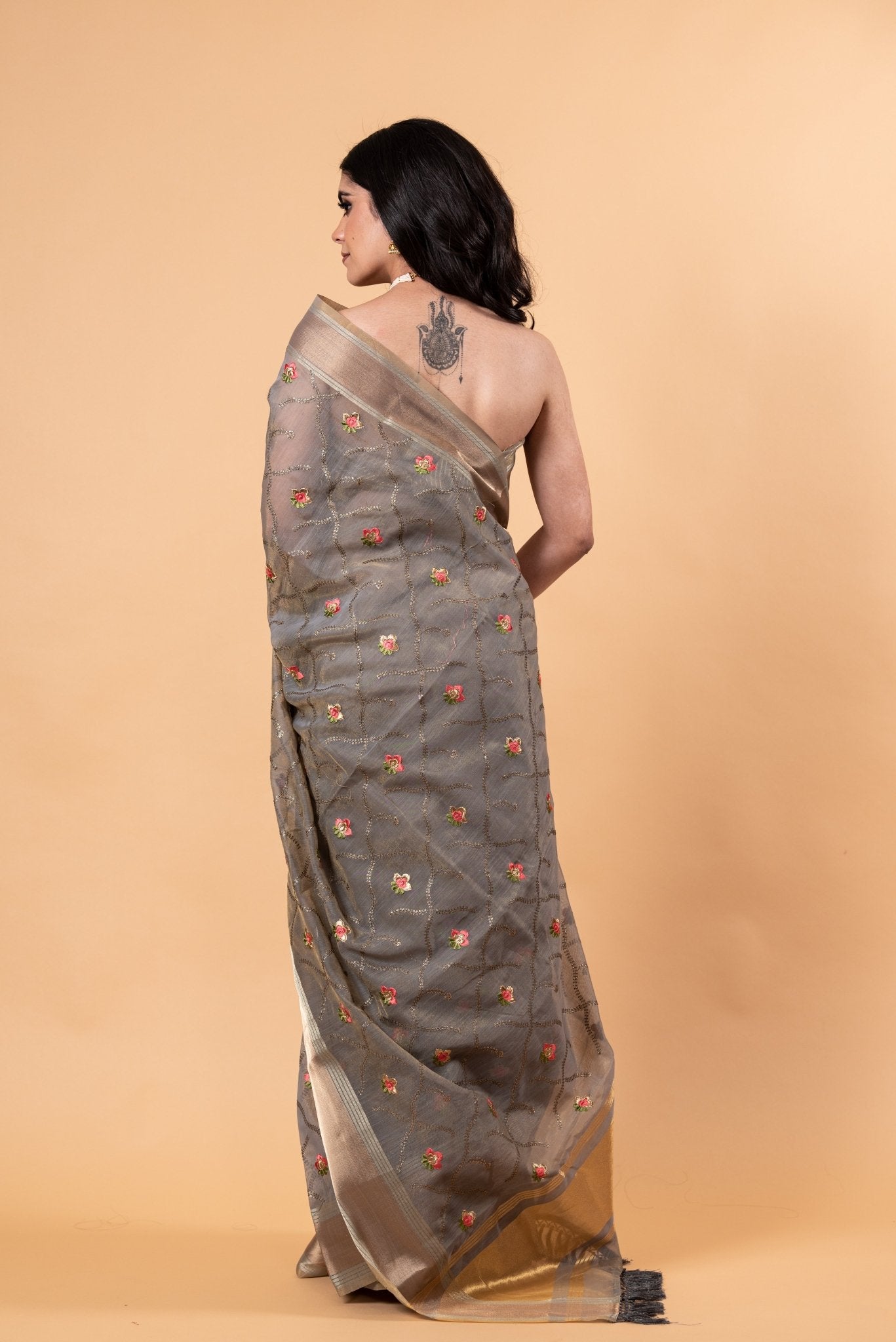 Grey saree in Zari Kota silk with Hand woven floral Jaal work - Anvi Couture