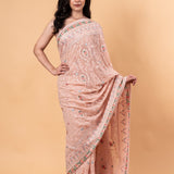 Peach Pink Pure georgette Saree with Heavy Embroidery all over work - Anvi Couture