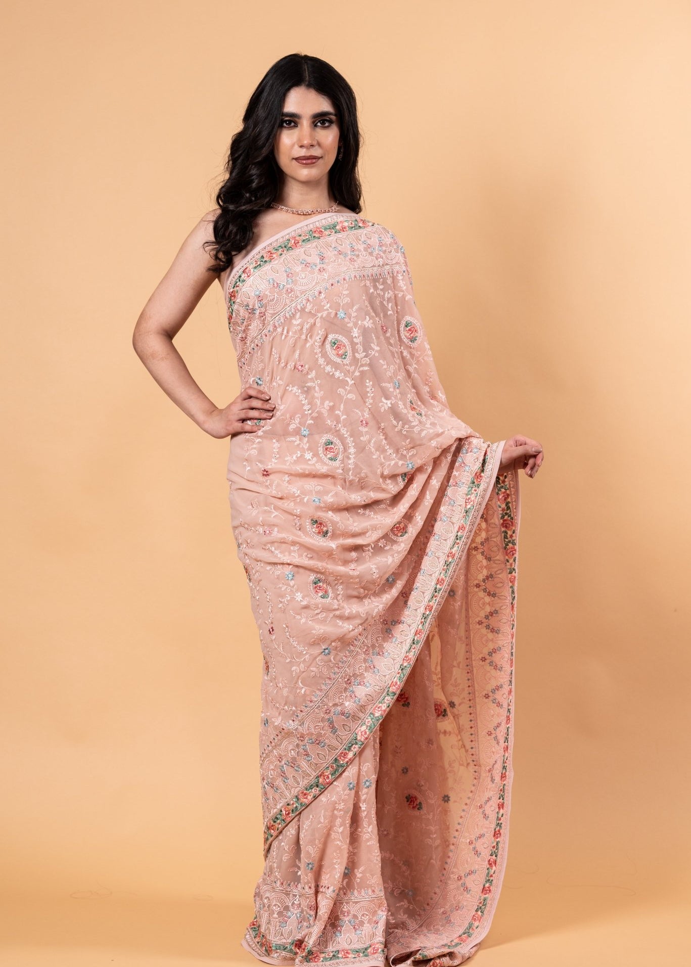 Peach Pink Pure georgette Saree with Heavy Embroidery all over work - Anvi Couture