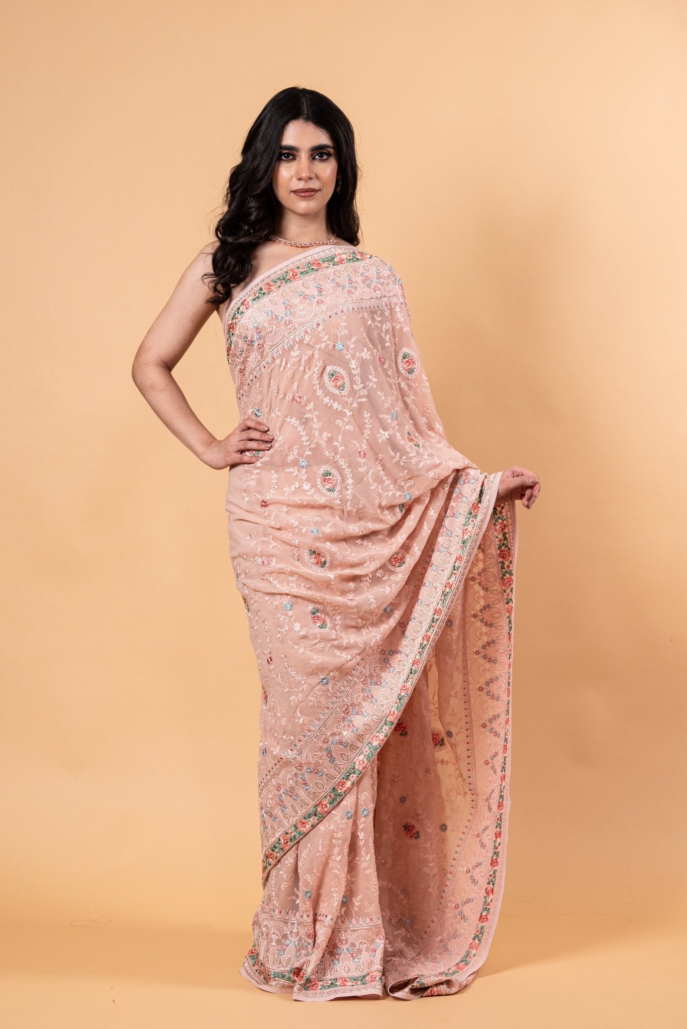 Peach Pink Pure georgette Saree with Heavy Embroidery all over work - Anvi Couture