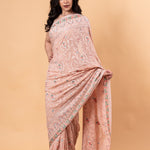 Peach Pink Pure georgette Saree with Heavy Embroidery all over work - Anvi Couture