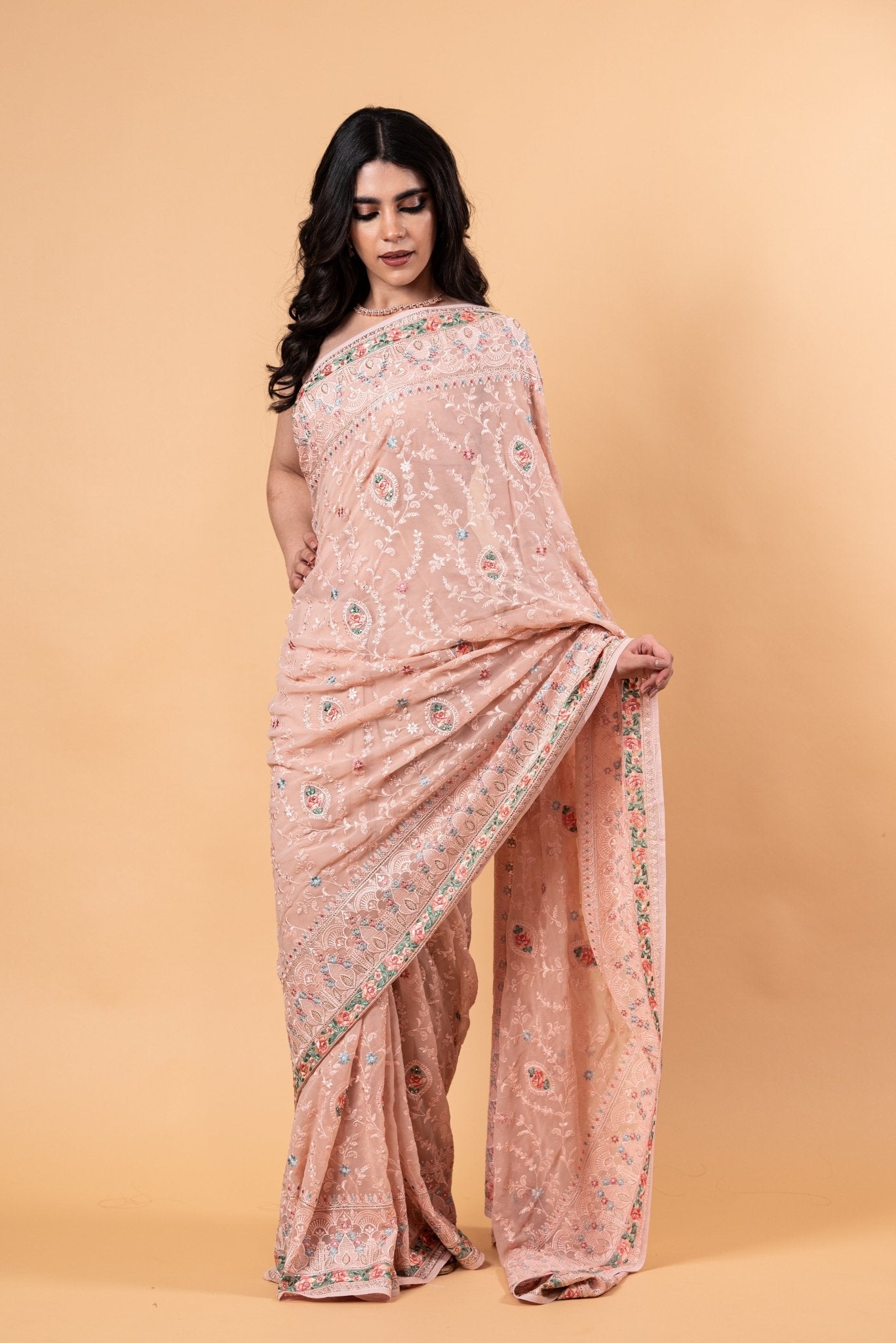 Peach Pink Pure georgette Saree with Heavy Embroidery all over work - Anvi Couture