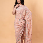 Peach Pink Pure georgette Saree with Heavy Embroidery all over work - Anvi Couture