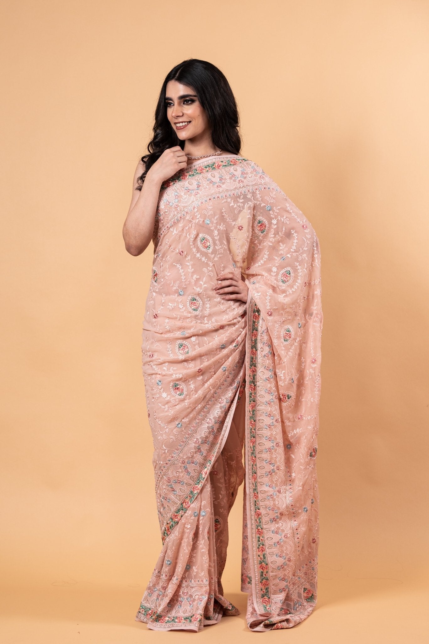 Peach Pink Pure georgette Saree with Heavy Embroidery all over work - Anvi Couture