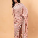 Peach Pink Pure georgette Saree with Heavy Embroidery all over work - Anvi Couture