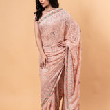 Peach Pink Pure georgette Saree with Heavy Embroidery all over work - Anvi Couture