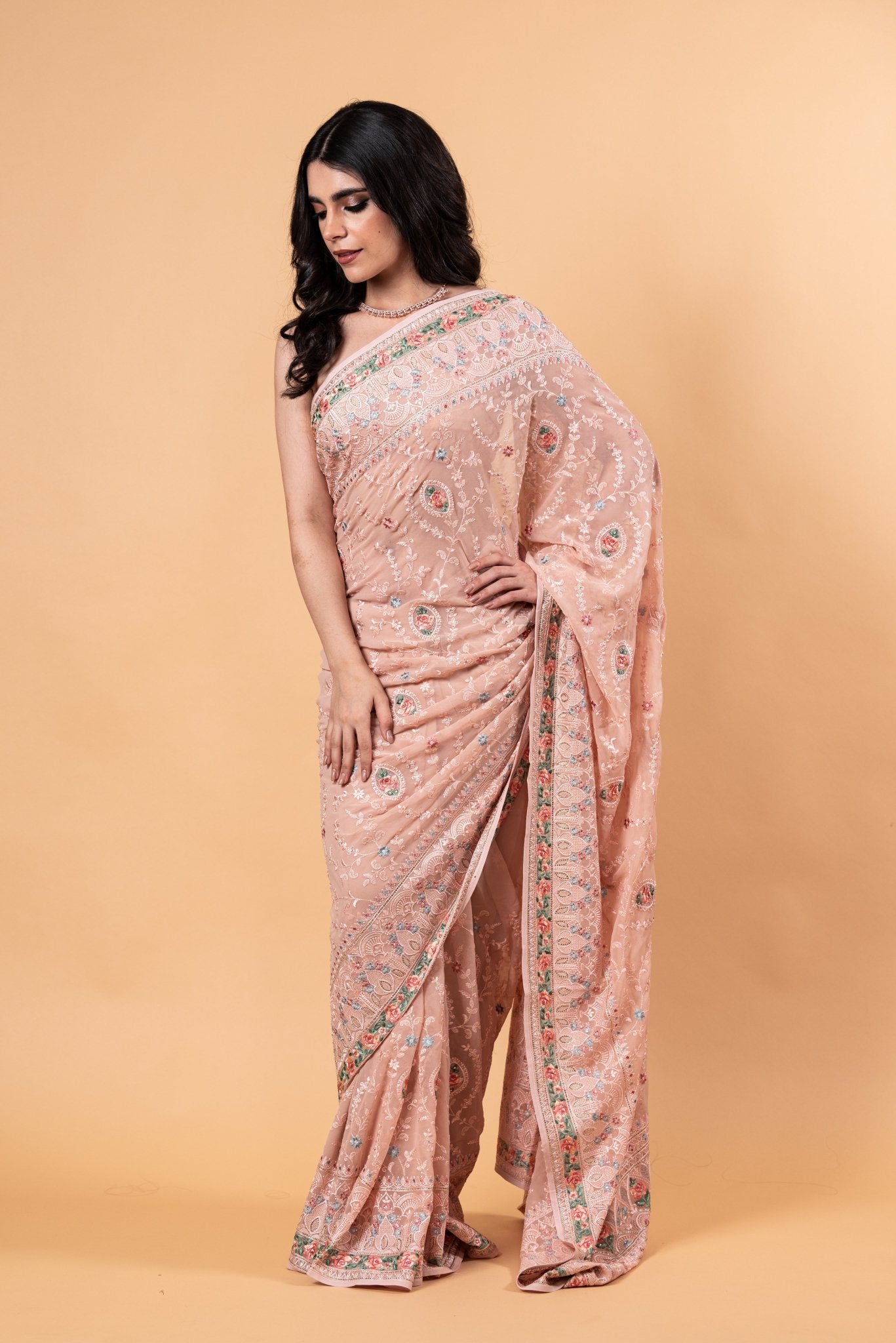 Peach Pink Pure georgette Saree with Heavy Embroidery all over work - Anvi Couture