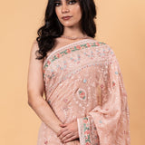 Peach Pink Pure georgette Saree with Heavy Embroidery all over work - Anvi Couture