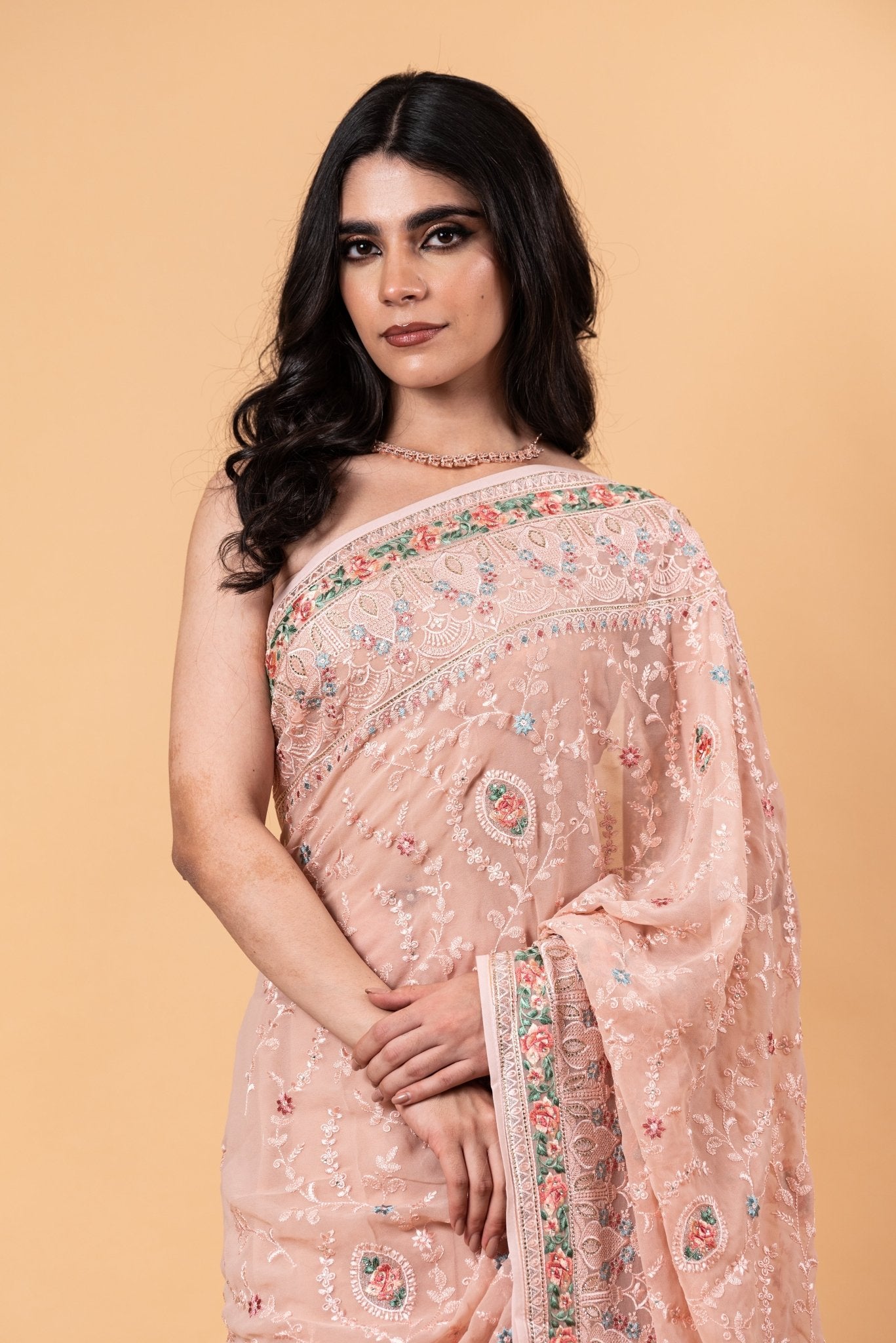 Peach Pink Pure georgette Saree with Heavy Embroidery all over work - Anvi Couture