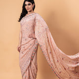 Peach Pink Pure georgette Saree with Heavy Embroidery all over work - Anvi Couture