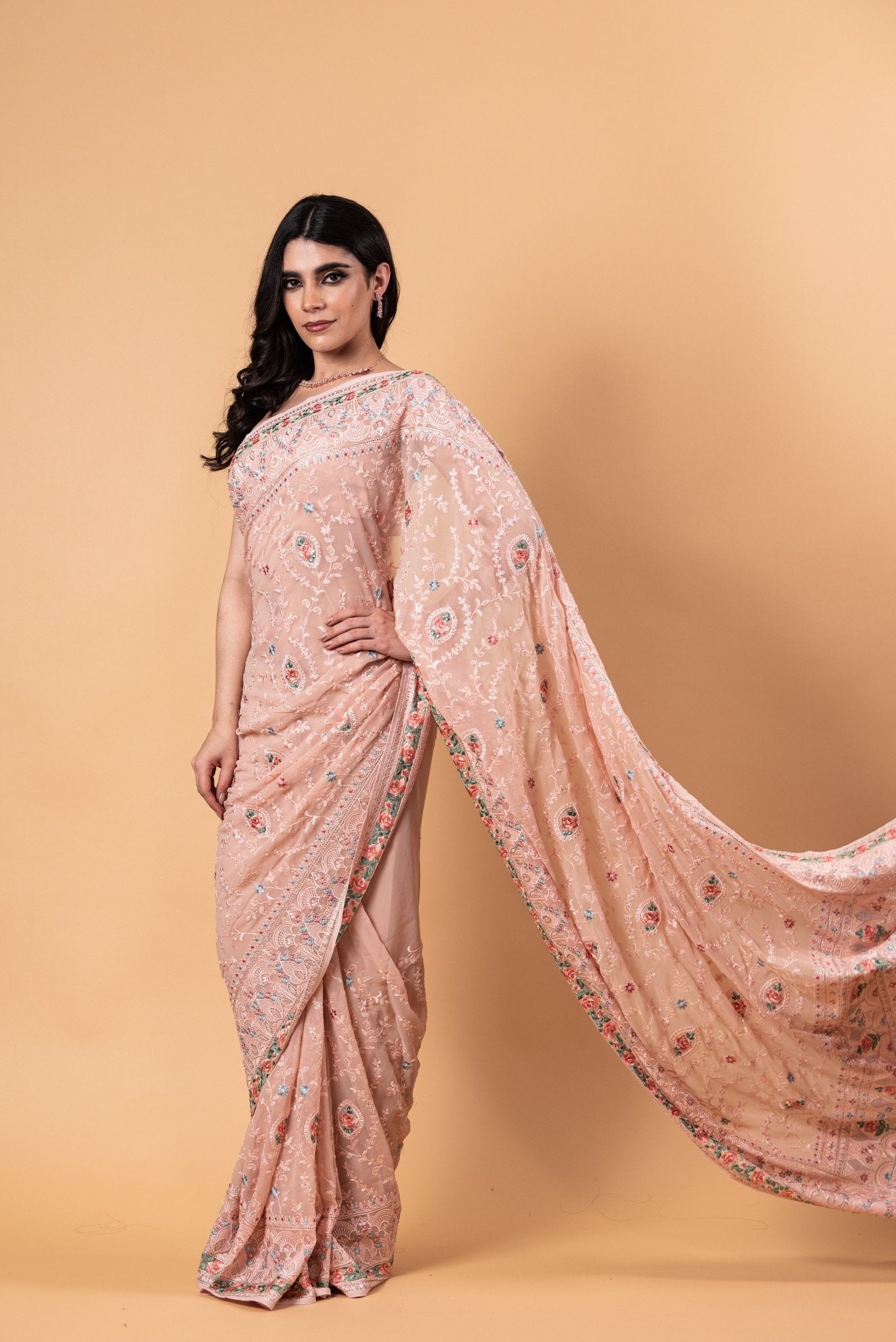 Peach Pink Pure georgette Saree with Heavy Embroidery all over work - Anvi Couture