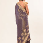 Gray Shimmer Tissue Saree with Matt Gold Floral Handwork Pallu and Border - Image 3