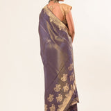 Gray Shimmer Tissue Saree with Matt Gold Floral Handwork Pallu and Border - Image 3