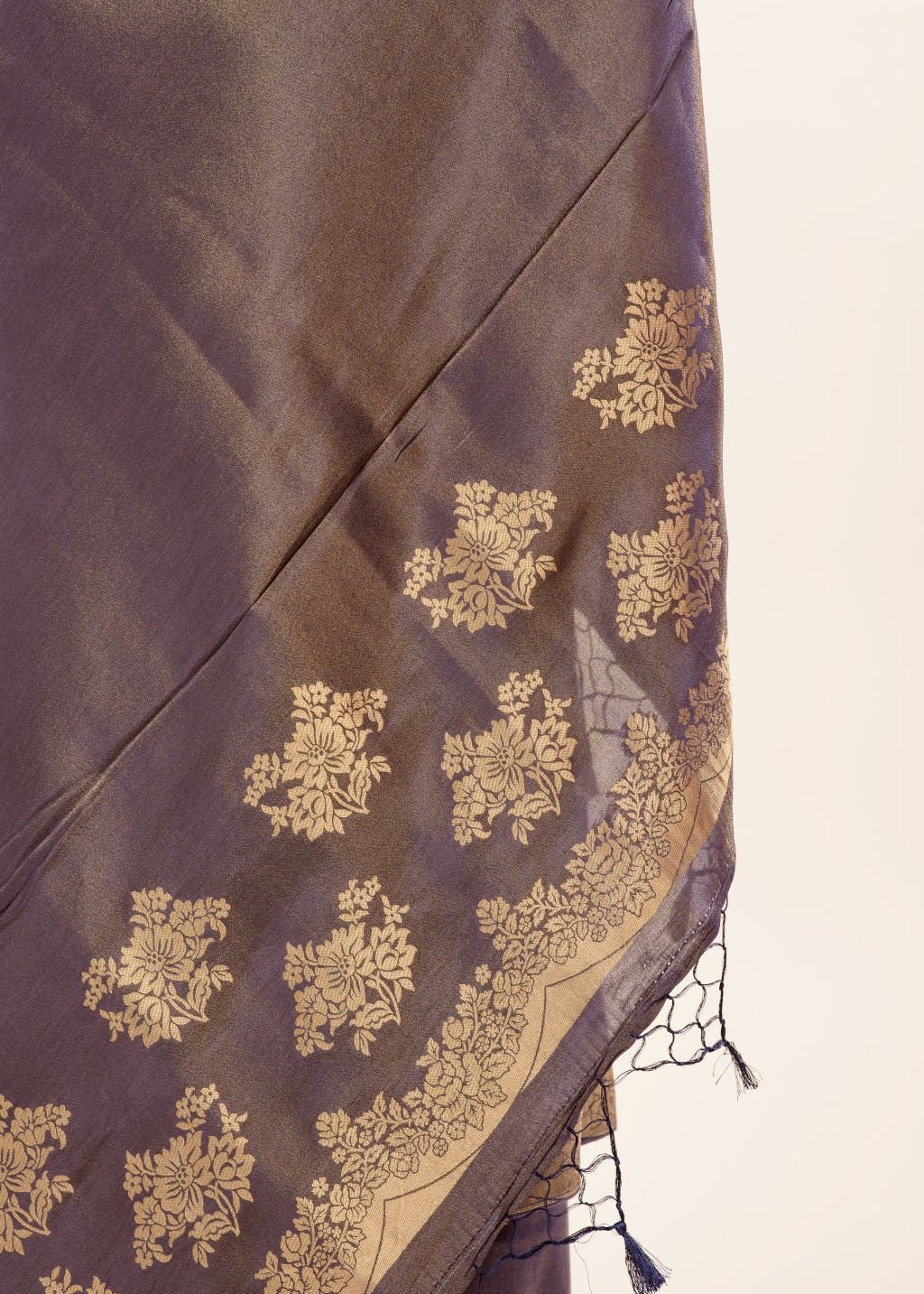 Gray Shimmer Tissue Saree with Matt Gold Floral Handwork Pallu and Border - Image 4