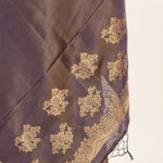 Gray Shimmer Tissue Saree with Matt Gold Floral Handwork Pallu and Border - Image 4