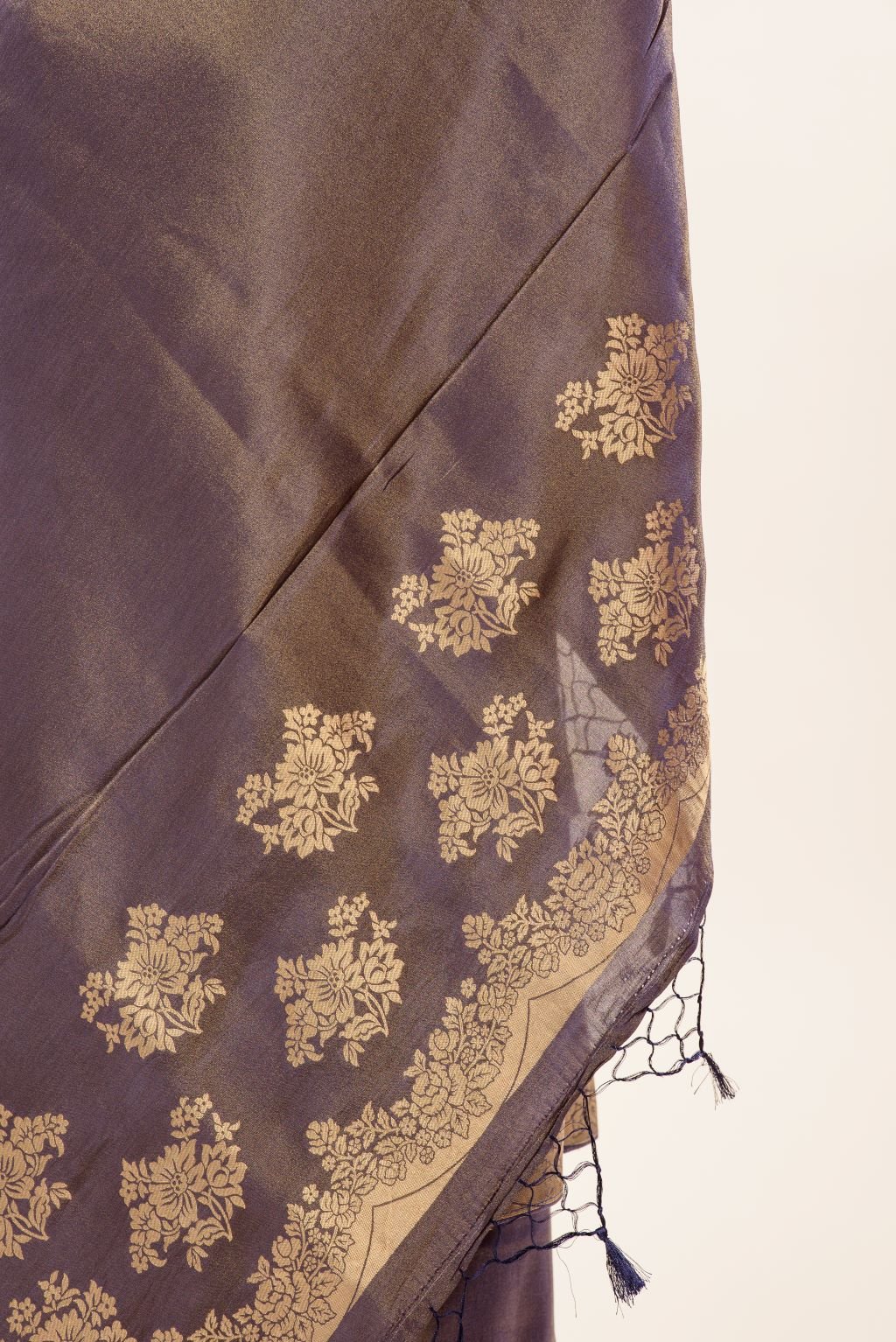 Gray Shimmer Tissue Saree with Matt Gold Floral Handwork Pallu and Border - Anvi Couture