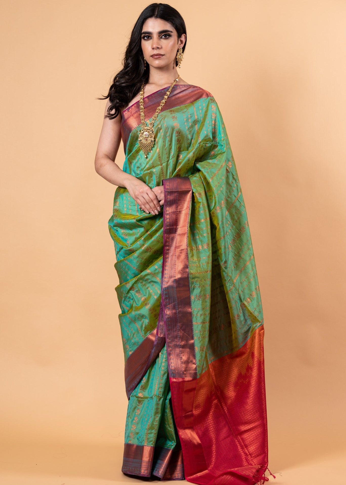 Parrot Green Silk Saree with Copper Zari Woven - Anvi Couture