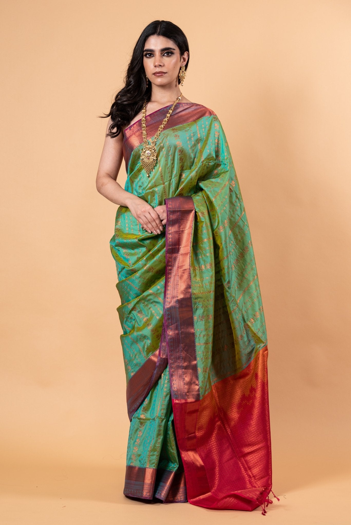 Parrot Green Silk Saree with Copper Zari Woven - Anvi Couture